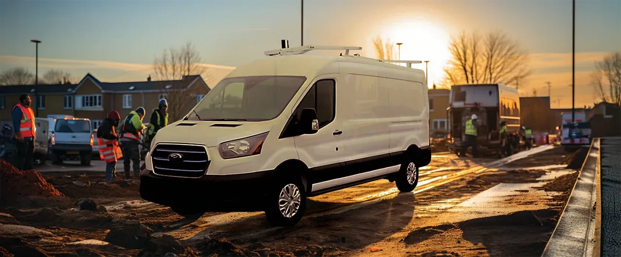 White contractor upftted van parked at a busy construction site