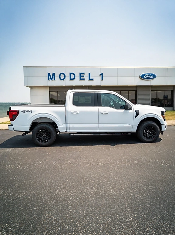 white ford 150 parked in front of a model 1 retail building in daylight