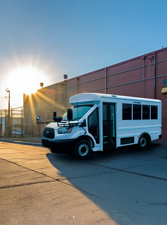 White shuttle bus parked next to a prison near Denver